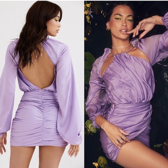 HOUSE OF CB 'Kate' Orchid Satin Front Wrap Mini Dress - Picture 3 of 13